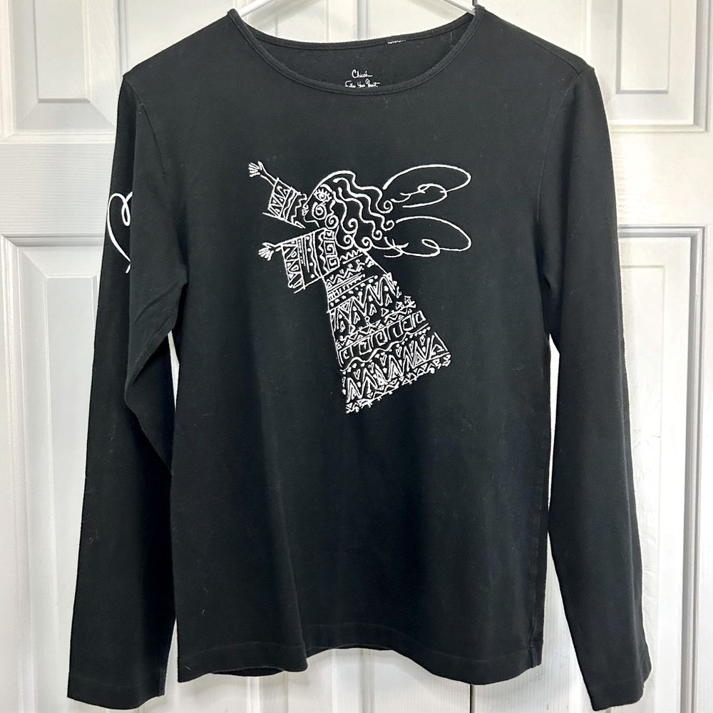 Chico's Follow Your Heart Black Angel & Heart Graphic L/Sleeve Top Size 1 Medium
